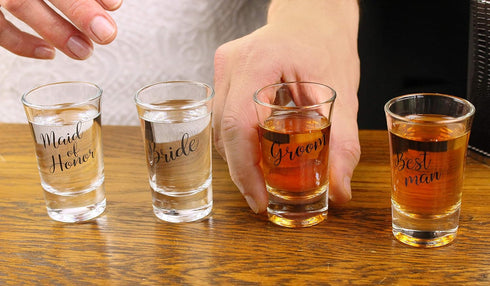 Lillian Rose Bride, Groom, Maid of Honor, and Best Man Shot Glass Set, Clear, 1.5oz